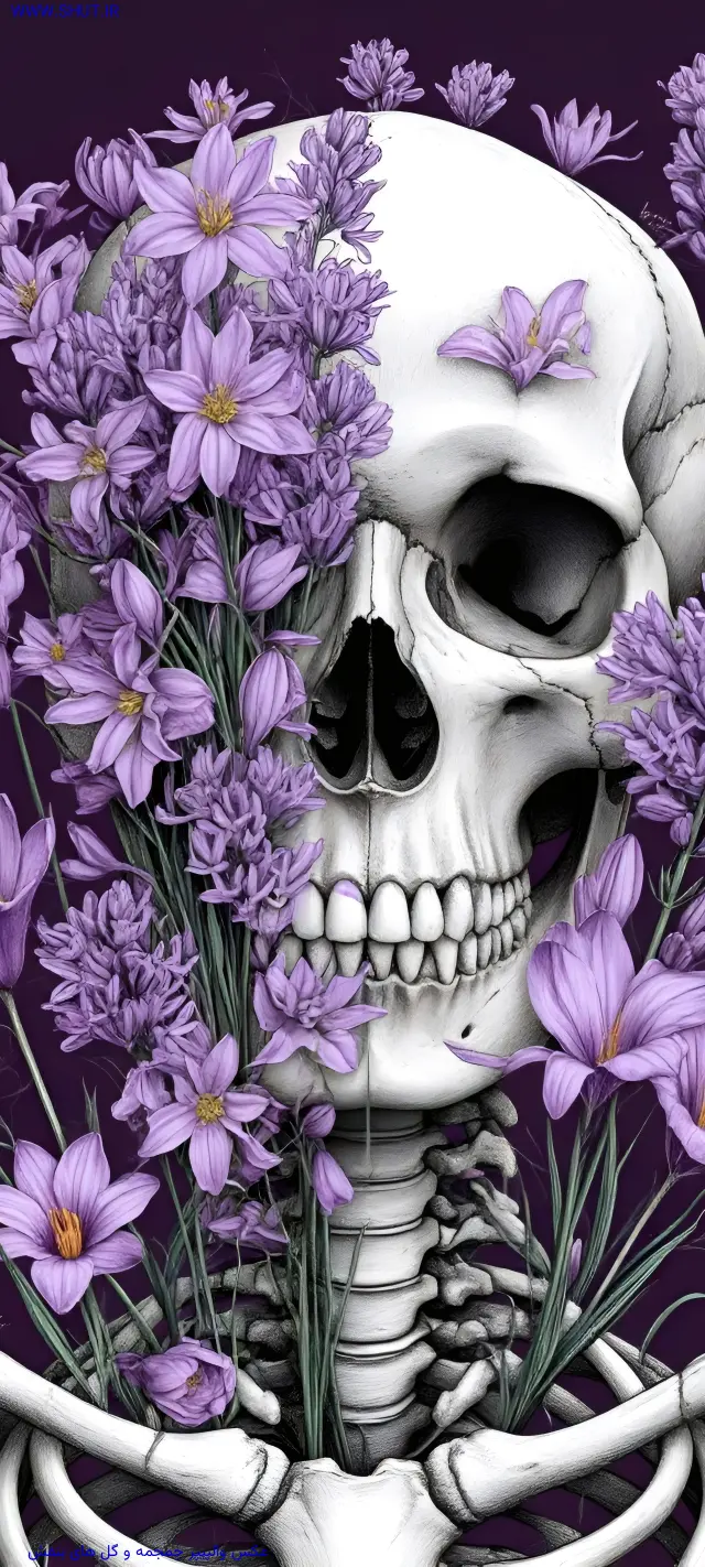 عکس والپیپر جمجمه و گل های بنفش