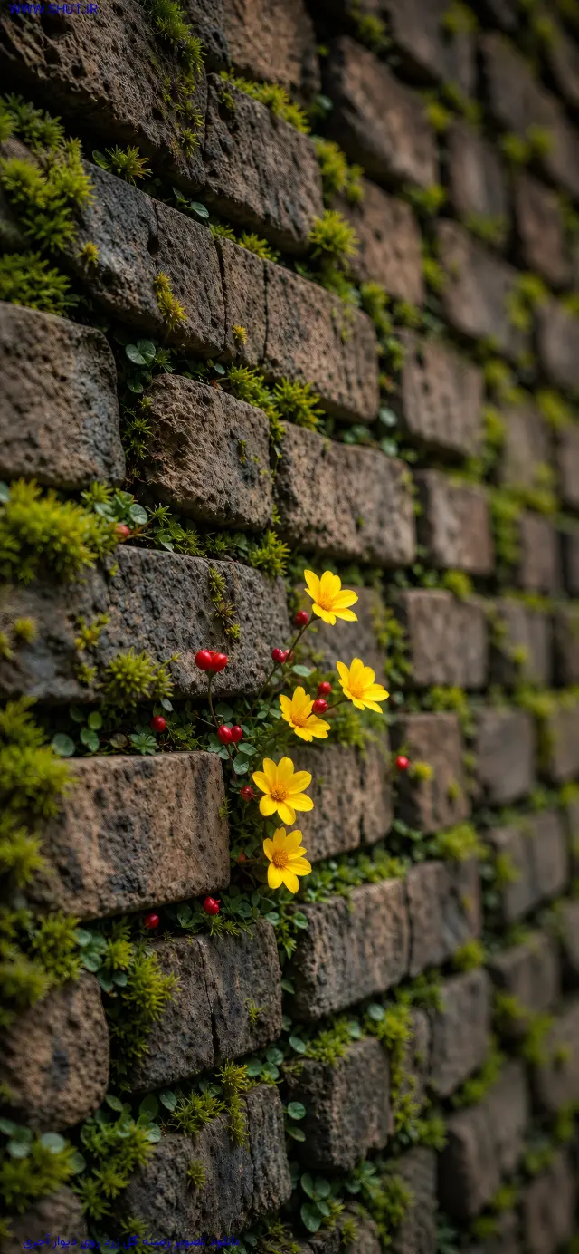 دانلود تصویر زمینه گل زرد روی دیوار آجری