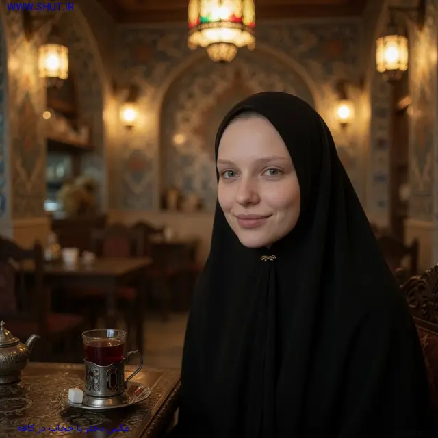 عکس دختر با حجاب در کافه